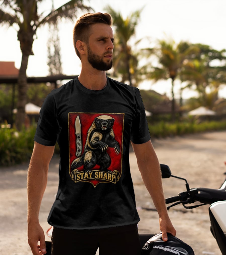 Stay Sharp Wolverine Knife Red Shield T-Shirt