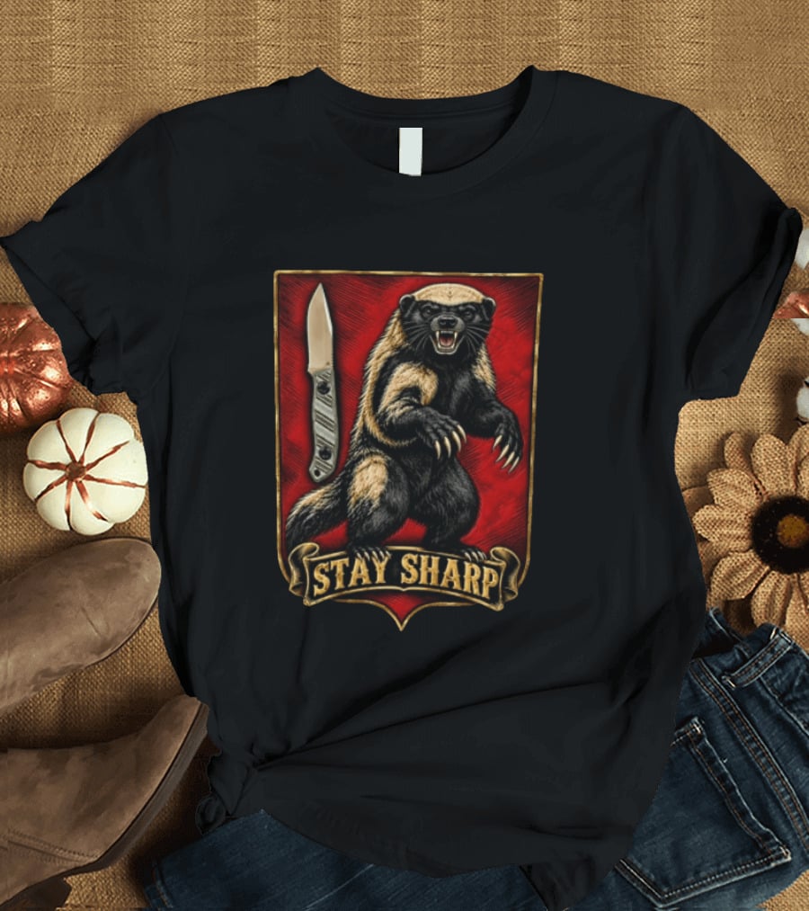 Stay Sharp Wolverine Knife Red Shield T-Shirt
