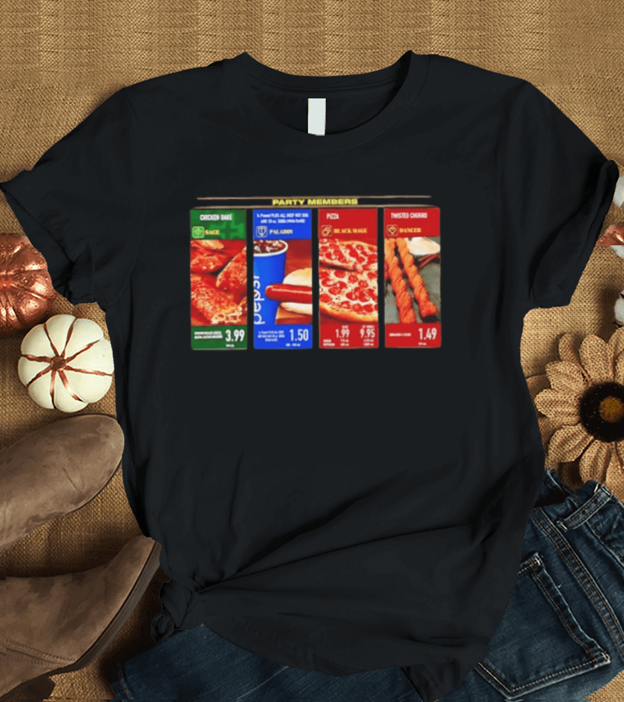 Party Members Menu Chicken Bake Sage Paladin Beverage Hot Dog Black Mage Pepperoni Pizza Dancer Twisted Churro T-Shirt