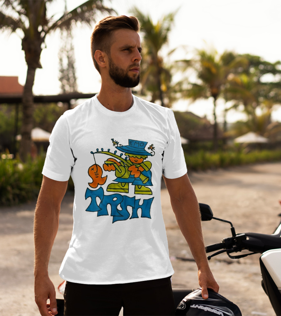 Emo Trsh Cartoon Fisherman Catching Orange Fish Wearing Blue And Green Outfit T-Shirt