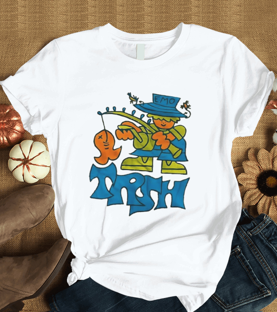 Emo Trsh Cartoon Fisherman Catching Orange Fish Wearing Blue And Green Outfit T-Shirt