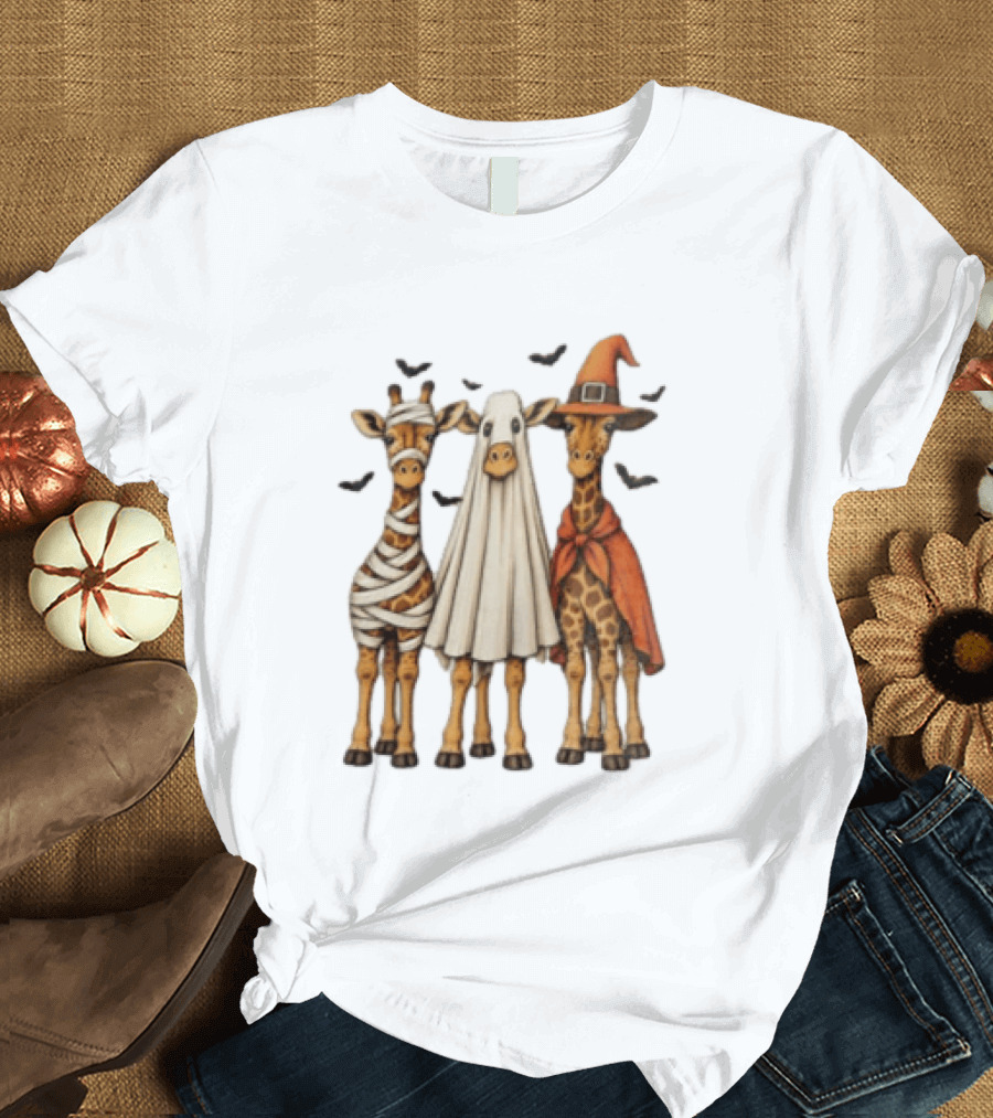 Giraffe Costume Halloween Mummy Ghost Witch Trio T-Shirt