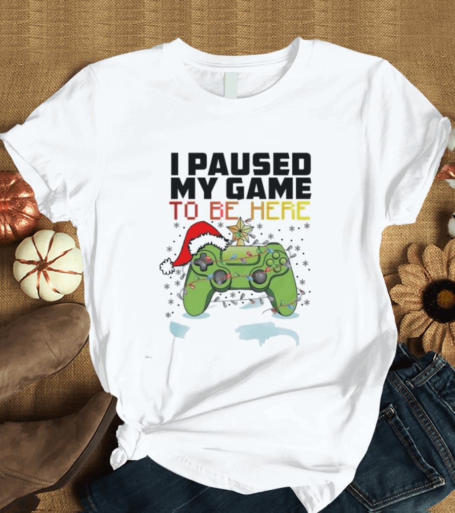 I Paused My Game To Be Here Christmas Gamer Controller Holiday Lights Santa Hat T-Shirt