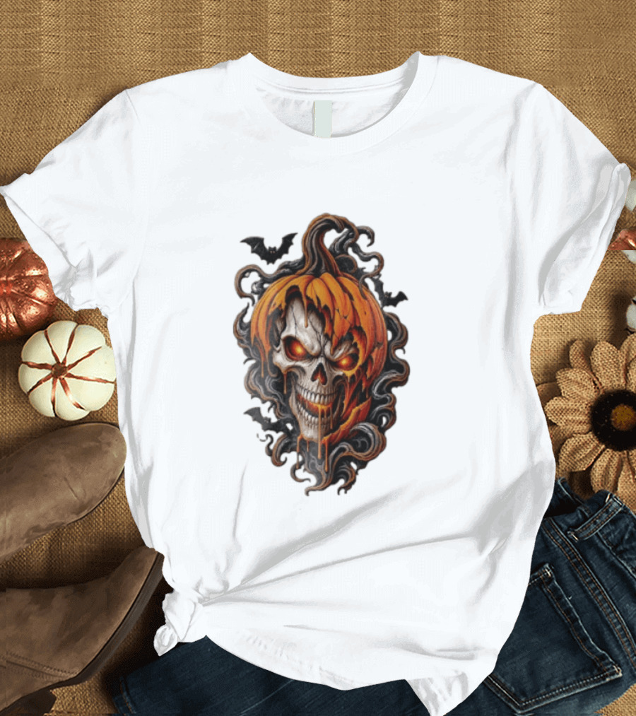 Skull Rage Halloween Pumpkin With Bats And Flames T-Shirt