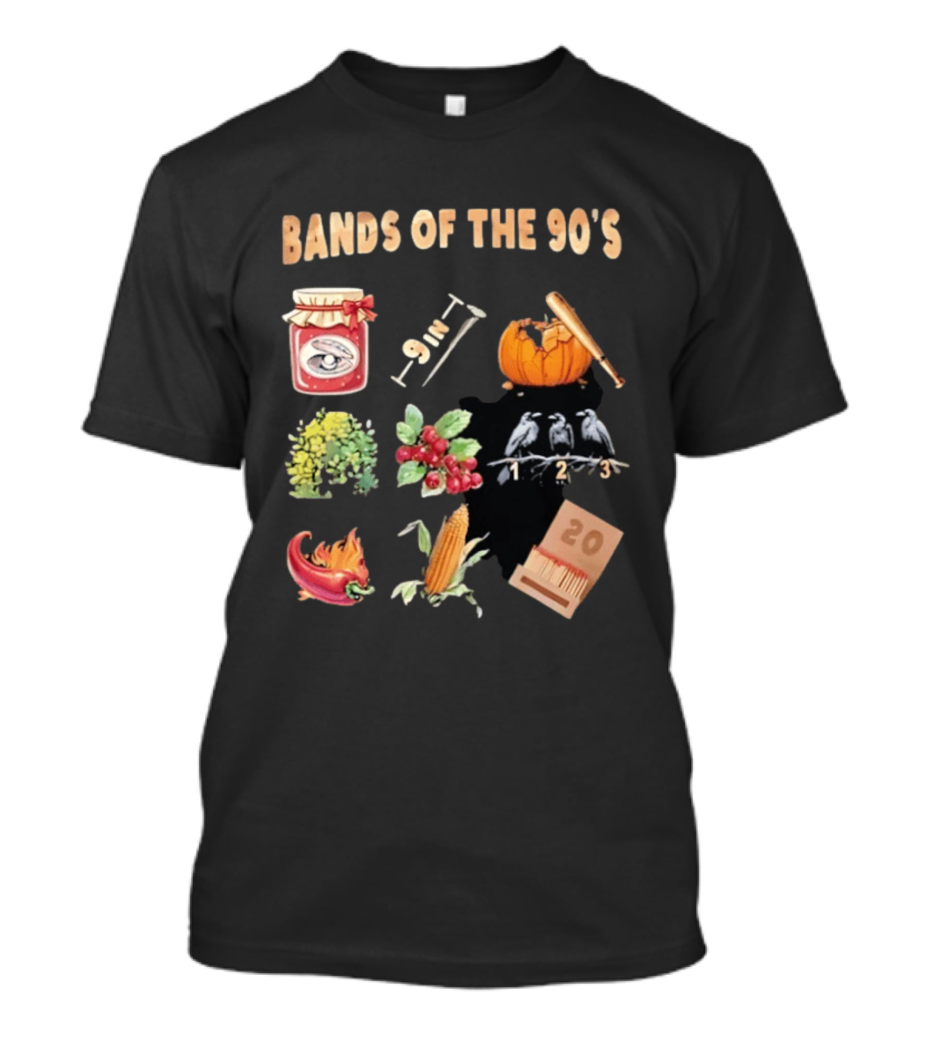 Bands Of The 90's Jar Corn Crows Matches Pumpkin 9in Chili Peppers Bush Berries T-Shirt