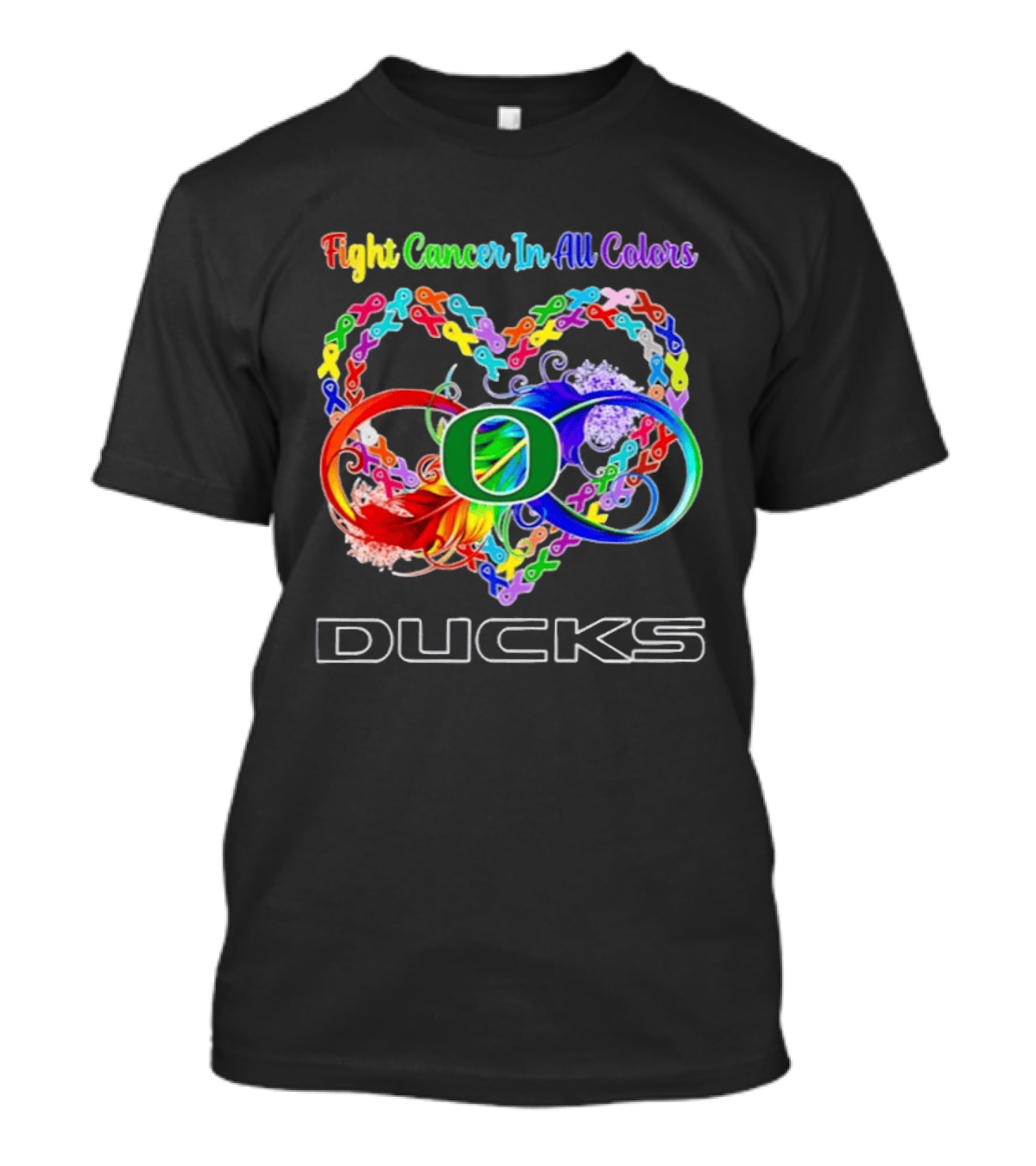 Oregon Ducks Fight Cancer In All Colors All Cancer Awareness Ribbon Heart T-Shirt