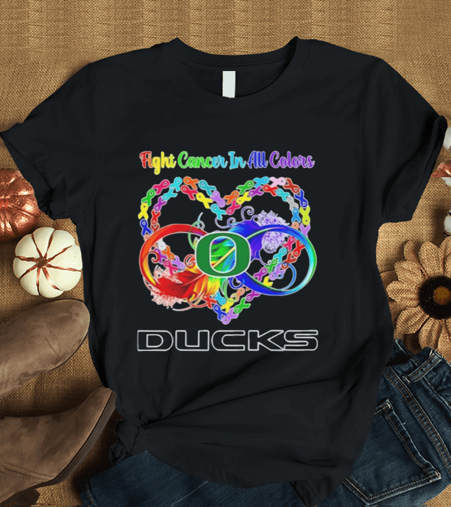 Oregon Ducks Fight Cancer In All Colors All Cancer Awareness Ribbon Heart T-Shirt