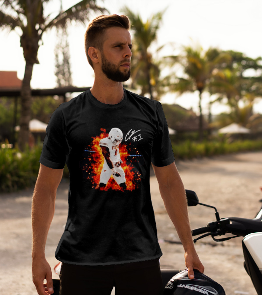 Colin Simmons Texas Longhorns Football Flames And Signature T-Shirt