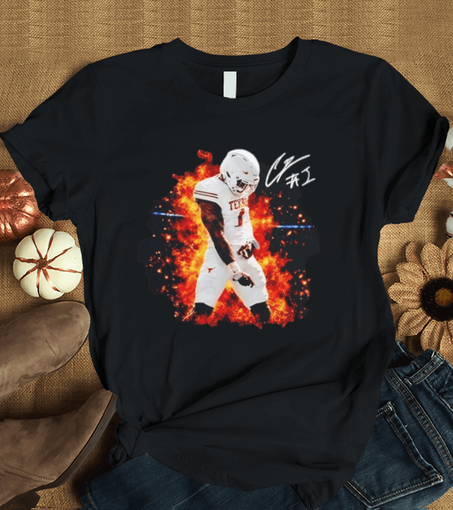 Colin Simmons Texas Longhorns Football Flames And Signature T-Shirt