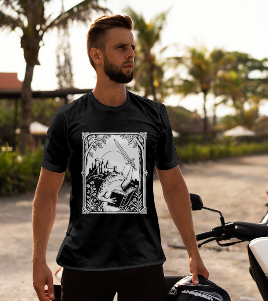 Warrior Frog Reading Book With Sword And Castle In Black And White Scene T-Shirt