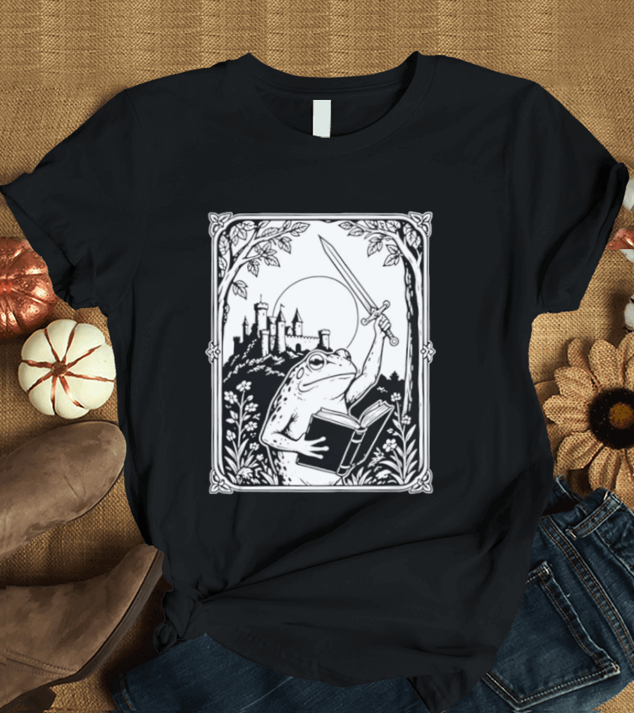 Warrior Frog Reading Book With Sword And Castle In Black And White Scene T-Shirt