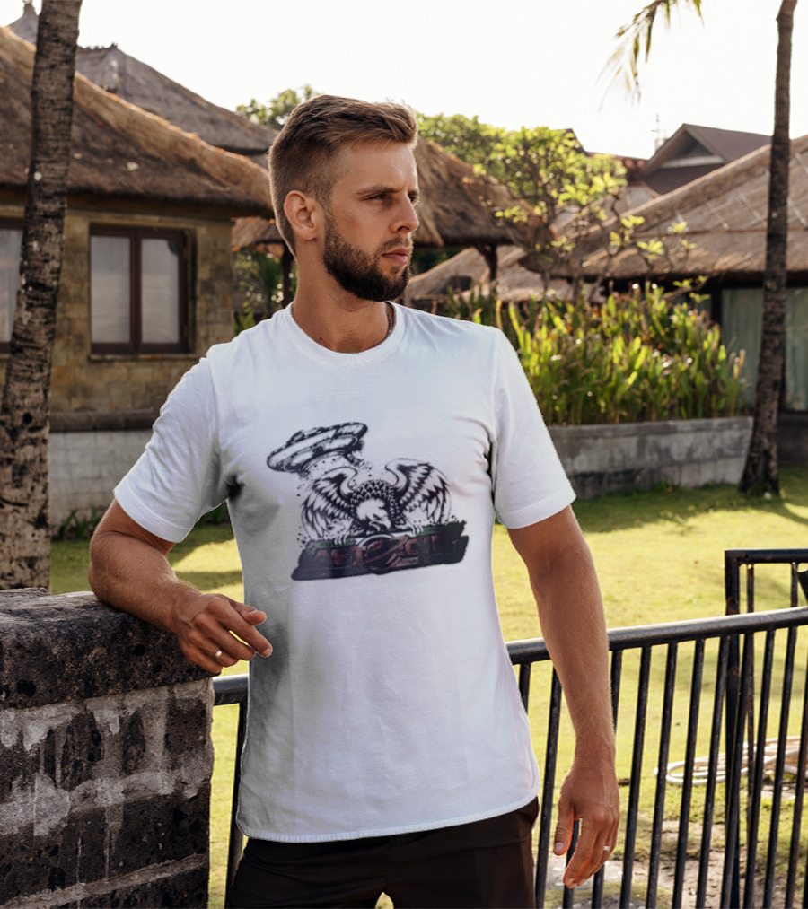 Eagle Spreading Wings With UFO Above T-Shirt