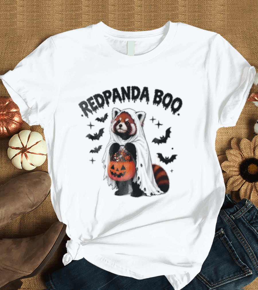 Redpanda Boo Cute Red Panda Costume With Pumpkin Candy Bucket And Bats T-Shirt
