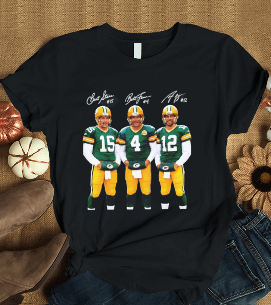 Bart Starr #15 Brett Favre #4 Aaron Rodgers #12 Green Bay Packers Signatures T-Shirt