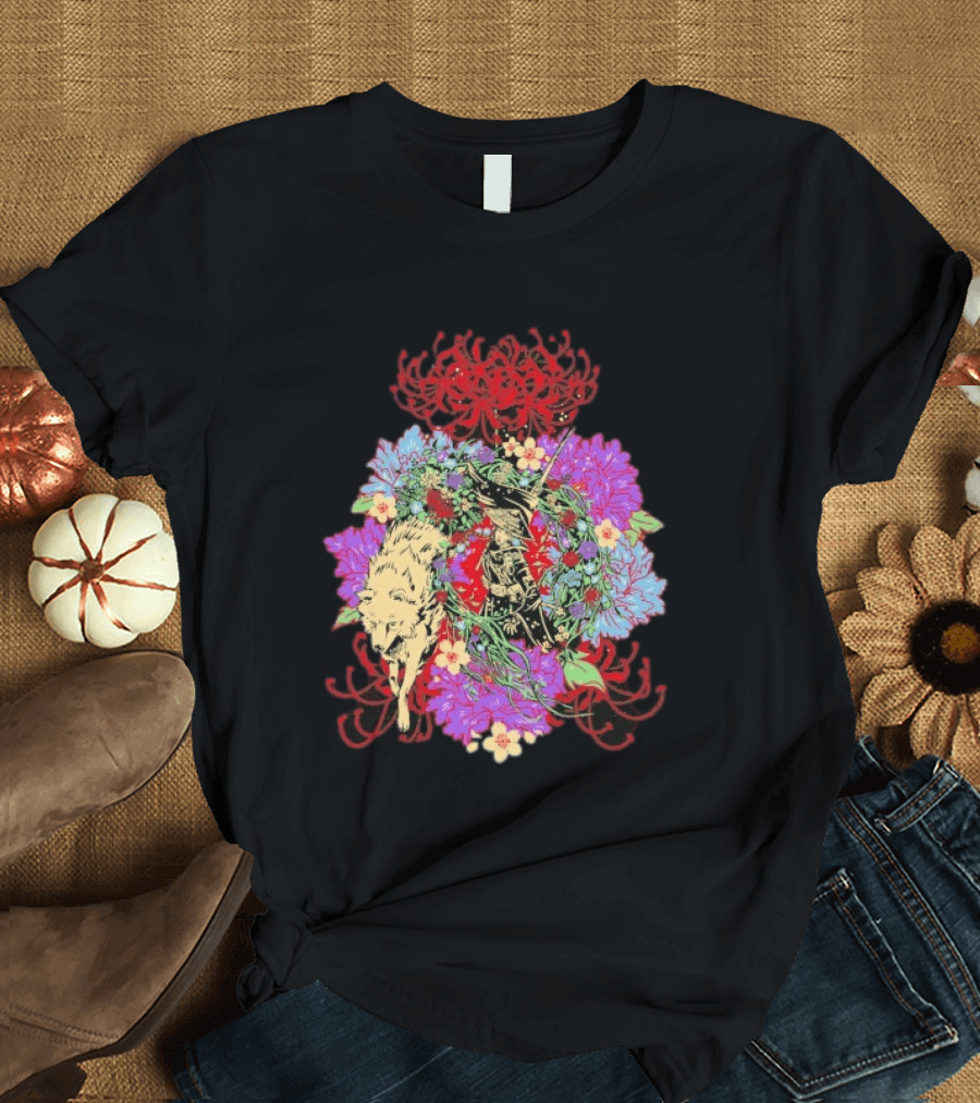 Beast Of Reincarnation Blooming Artistic Floral Samuraи Wolf Fusion T-Shirt