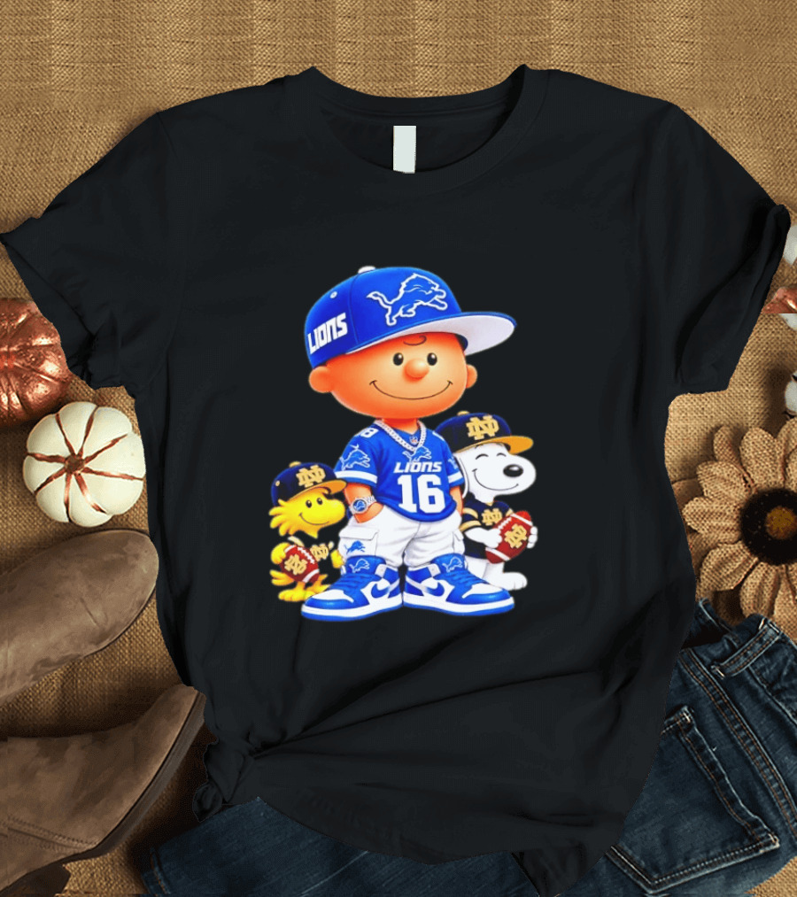 Charlie Brown Snoopy Woodstock Detroit Lions 16 Jersey Notre Dame Iconic Peanuts Characters T-Shirt