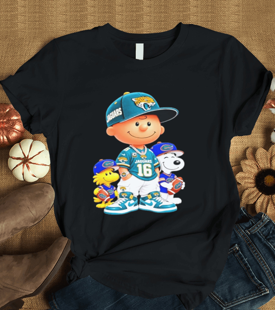 Charlie Brown With Snoopy And Woodstock Jacksonville Jaguars 16 Jersey Peanuts Football Fan Gear T-Shirt