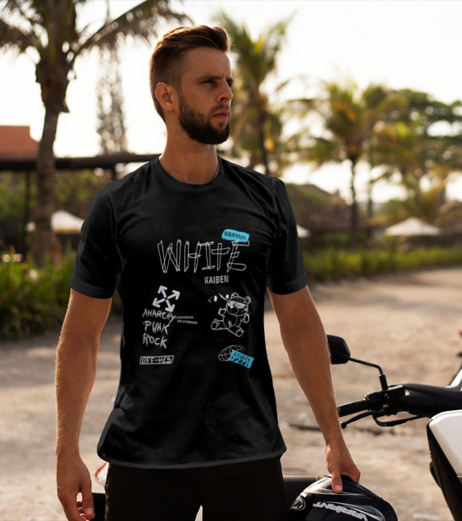 Kaiben White Cartoon Bear With Arrow Symbols And Blue Tape T-Shirt