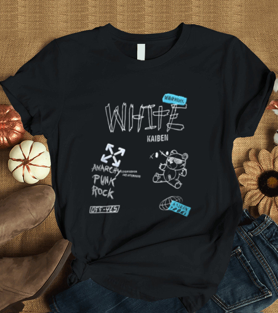 Kaiben White Cartoon Bear With Arrow Symbols And Blue Tape T-Shirt