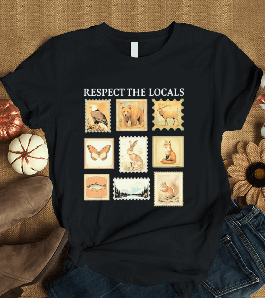 Respect The Locals Wildlife Stamp Collection With Bear Fox And Eagle T-Shirt