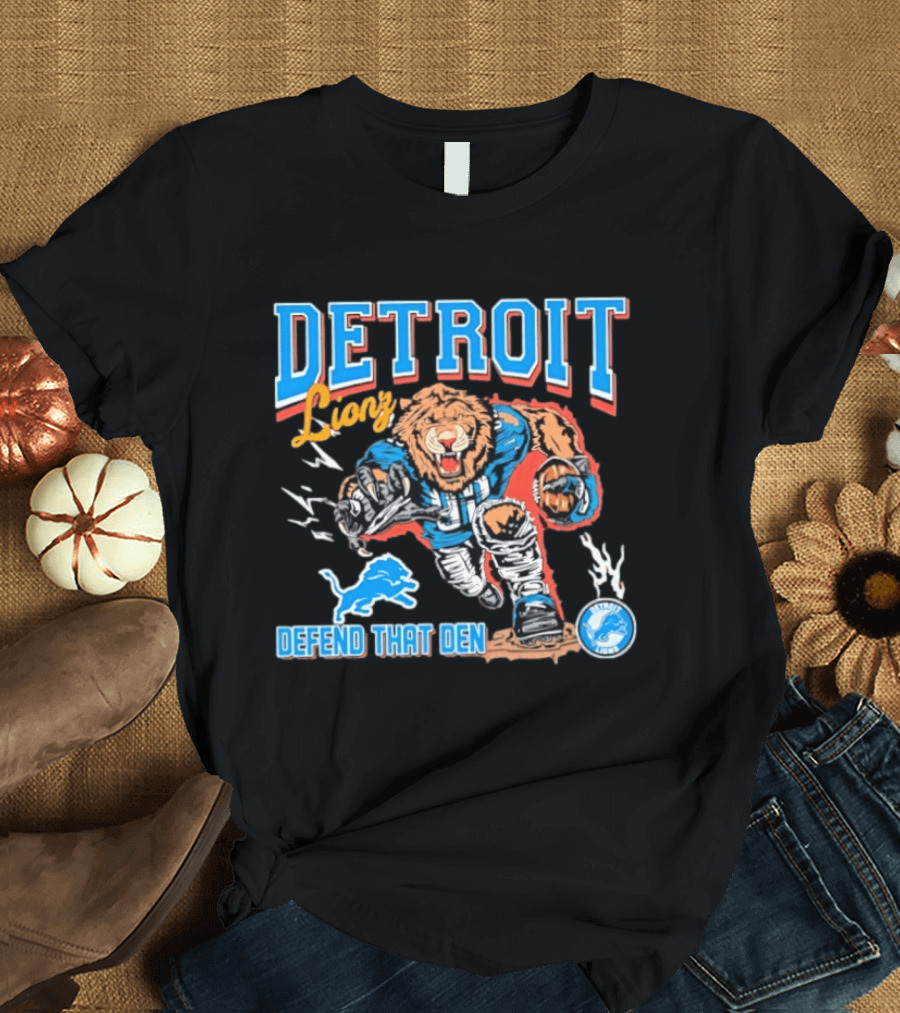 Detroit Lions Defend That Den Football Mascot Roaring Lion Action T-Shirt