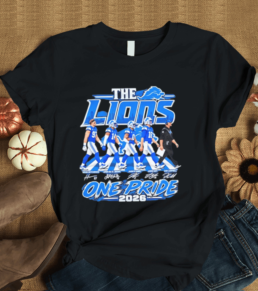 Detroit Lions The Lions One Pride Abbey Road 2026 Aidan Hutchinson Jahmyr Gibbs Jared Goff Dan Campbell T-Shirt