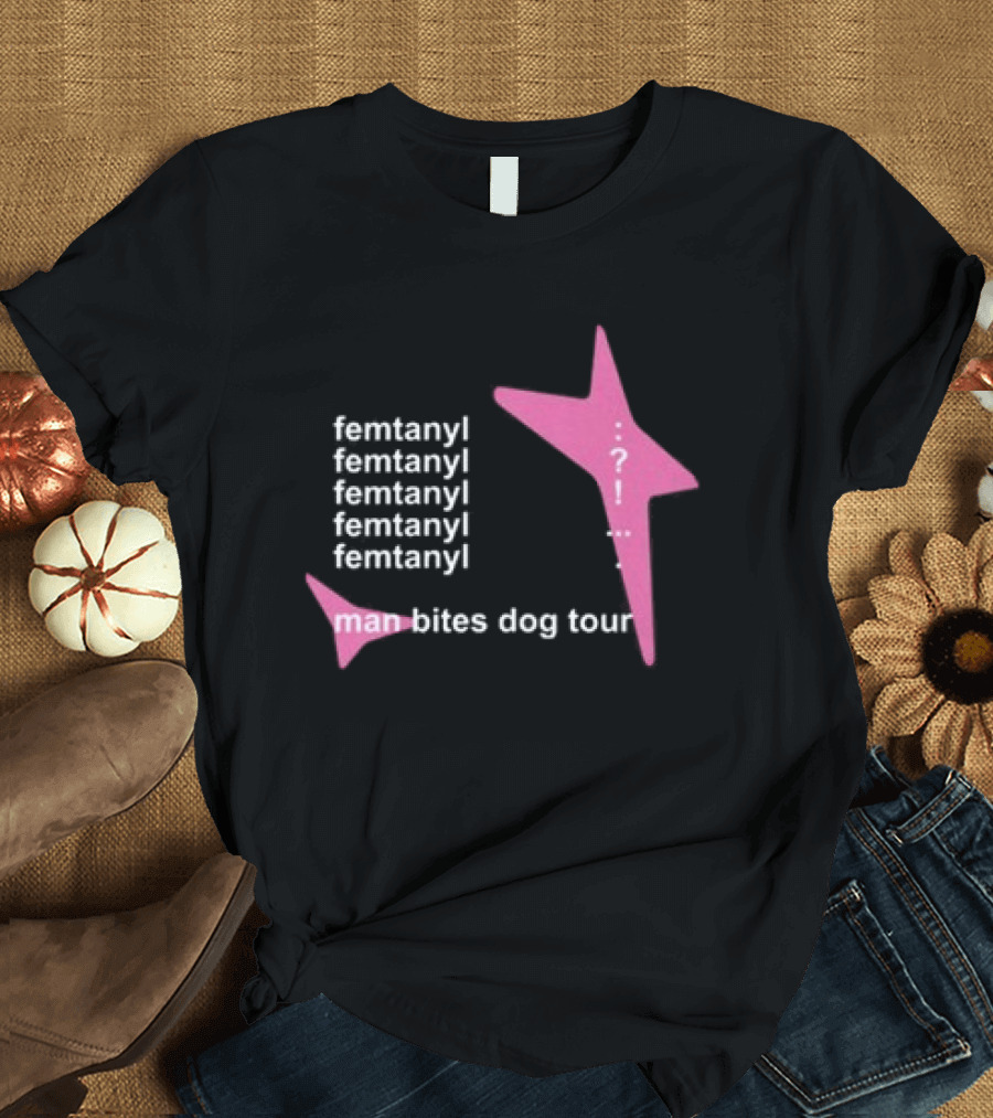 Femtanyl Man Bites Dog Tour Five Times Repeat Text Pink Question Mark T-Shirt