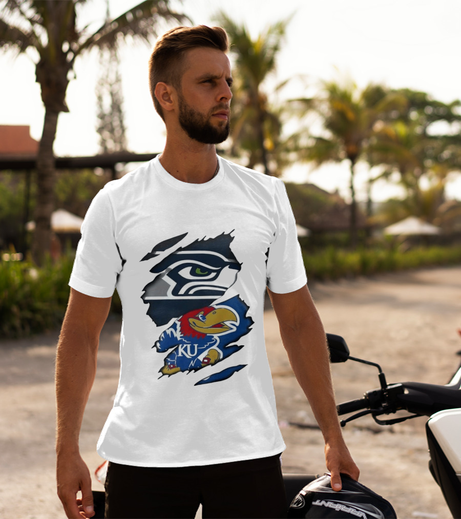 Seattle Seahawks And Kansas Jayhawks Torn Fabric Football And Basketball Fan Merchandise T-Shirt