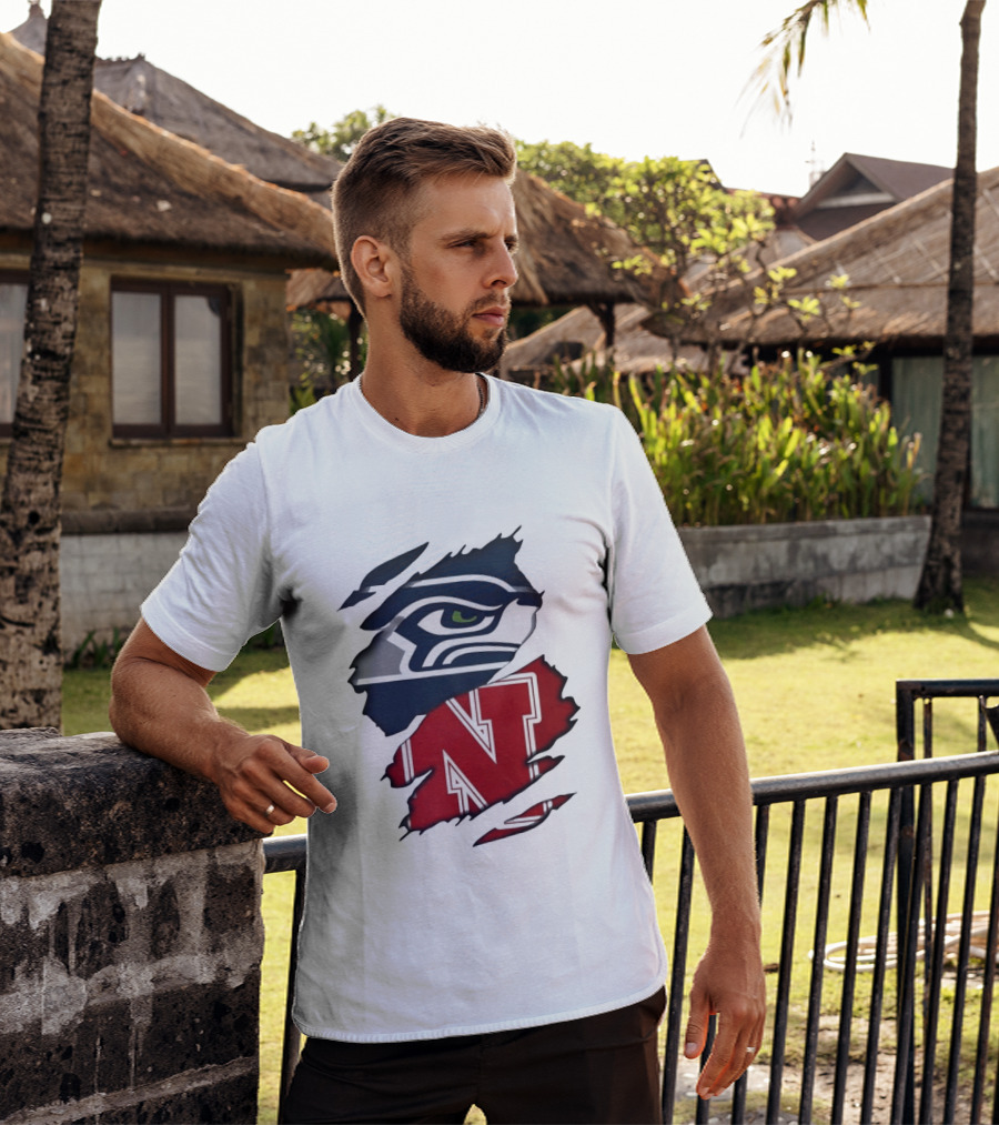 Seattle Seahawks And Nebraska Cornhuskers Split Torn Fabric Blend T-Shirt