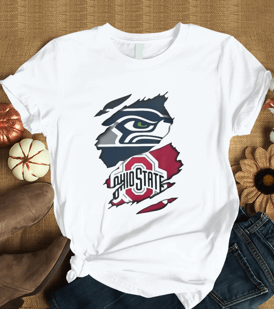 Seattle Seahawks Ohio State Buckeyes Distressed Logo Fusion T-Shirt