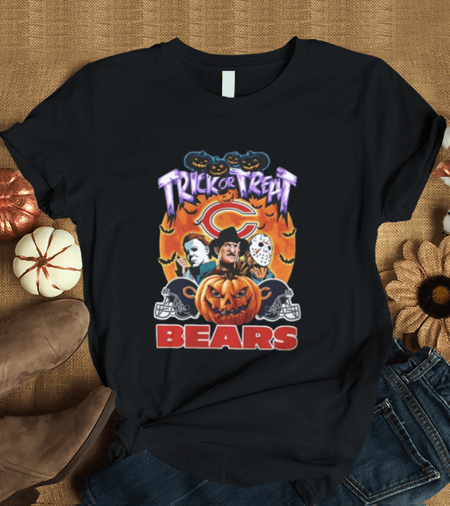Chicago Bears Trick Or Treat Halloween Horror Icons Pumpkin T-Shirt