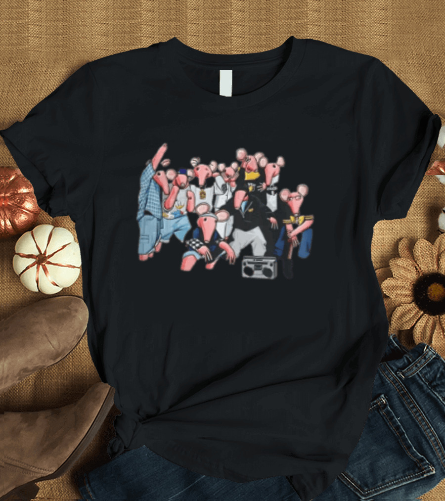 Group Of Pink Anthropomorphic Rats In Hip Hop Streetwear With Boombox T-Shirt
