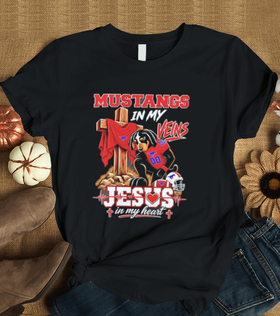 Mustangs In My Veins Football Faith Jesus In My Heart T-Shirt