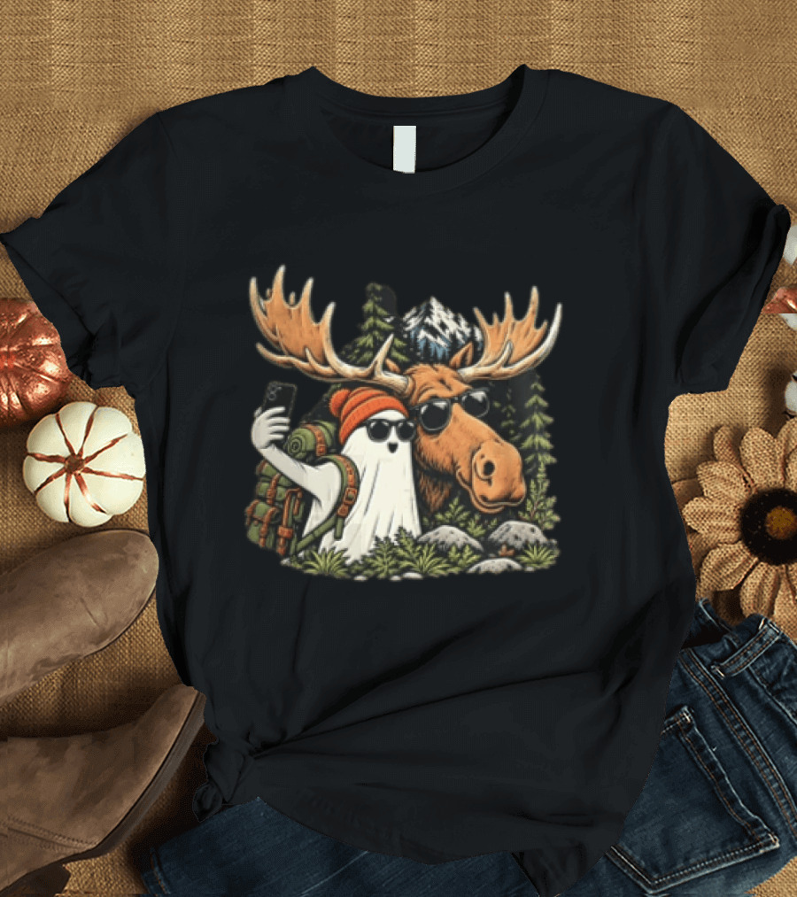 Ghost Backpack Selfie With Moose In Forest Adventure Scene T-Shirt