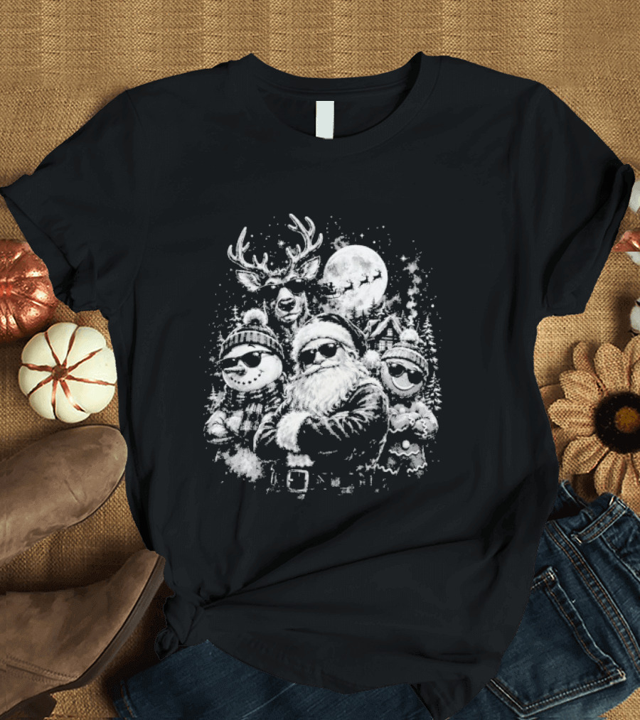 Santa Claus Reindeer Snowman Gingerbread Man Christmas Holidays Moon T-Shirt