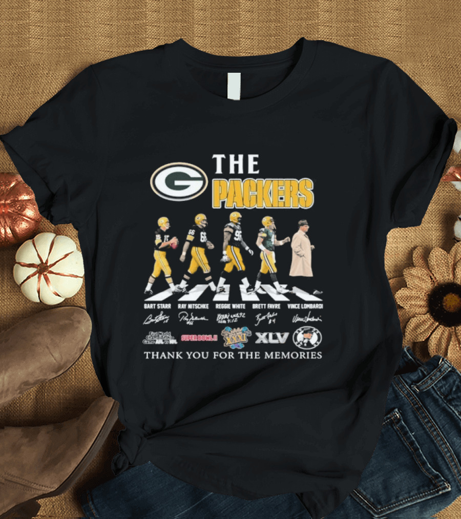 The Packers Abbey Road Thank You For The Memories Signatures Super Bowl XVI XVII XXXI XLV T-Shirt