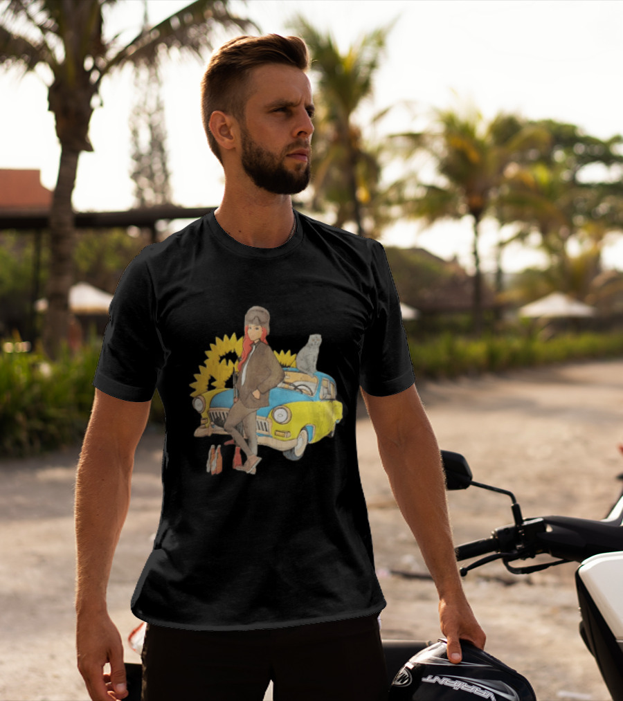 Woman Soldier With Cat On Vintage Car And Sunflowers T-Shirt