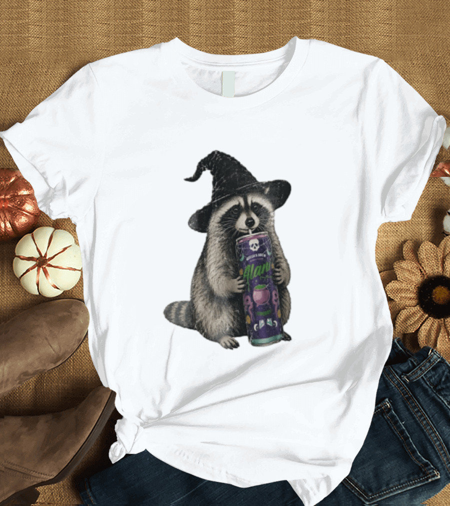 Alani Witches Brew Raccoon Witch Hat Can Holding T-Shirt