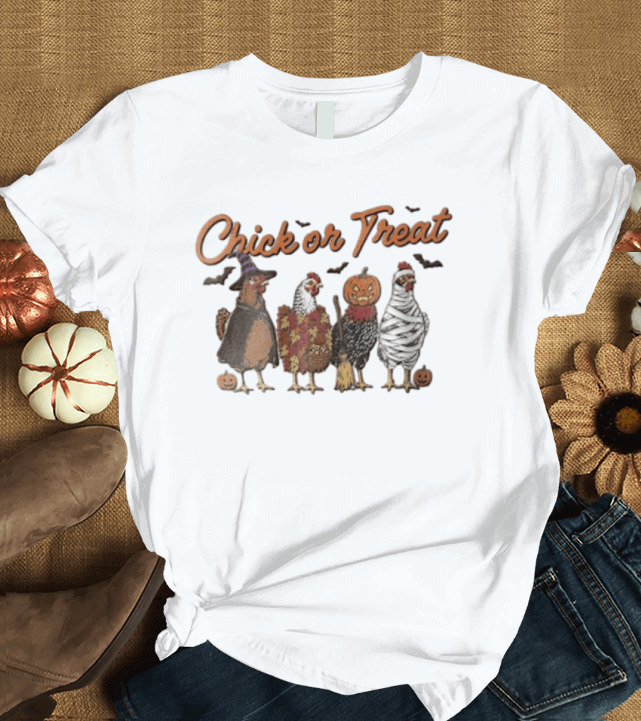Chick Or Treat Halloween Chickens In Witch Mummy Pumpkin Costumes With Autumn Leaves And Bats T-Shirt