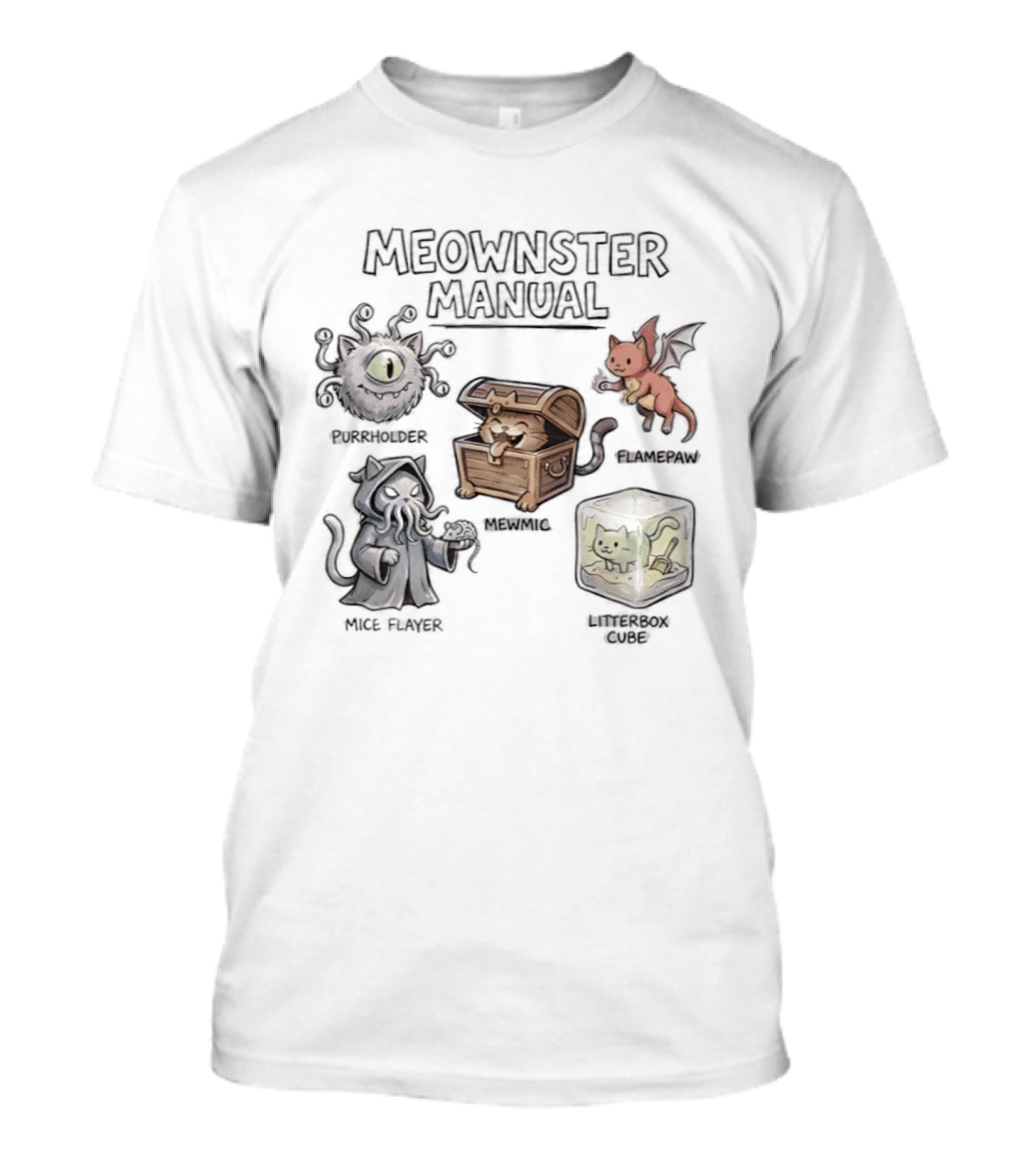 Meownster Manual Beholder Cat Cattack Mimic Abomination Cube Dragon Kitten T-Shirt