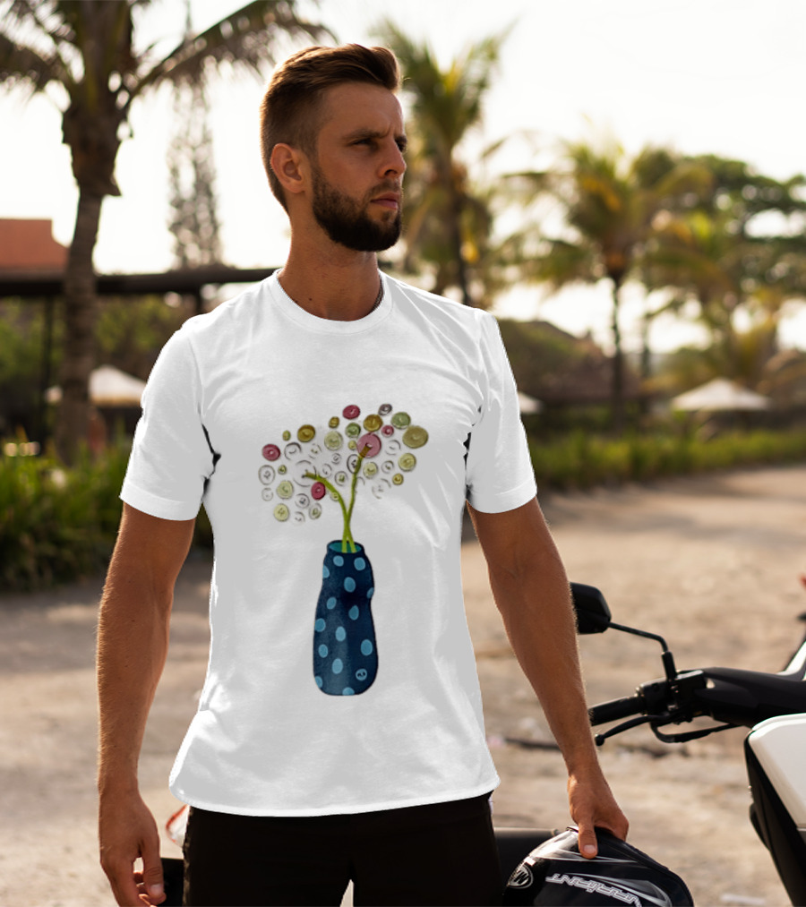 Polka Dot Vase With Colorful Button Flowers T-Shirt