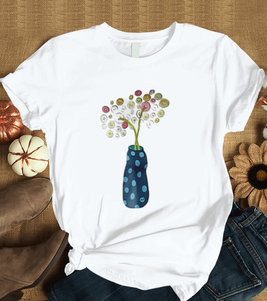 Polka Dot Vase With Colorful Button Flowers T-Shirt