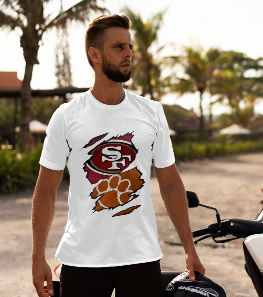 San Francisco 49ers SF And Clemson Tigers Paw Ripped Fabric T-Shirt
