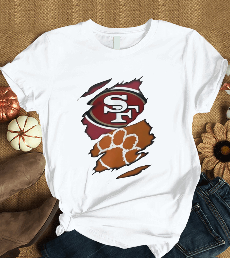 San Francisco 49ers SF And Clemson Tigers Paw Ripped Fabric T-Shirt