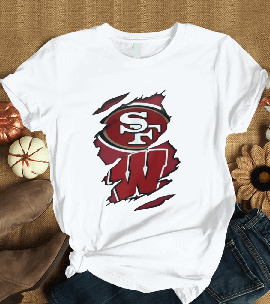 San Francisco 49ers SF And Wisconsin Badgers W Ripped Effect T-Shirt