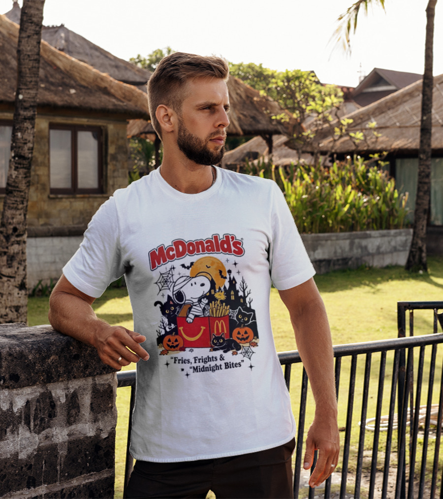 Snoopy McDonald's Halloween Fires Frights Midnight Bites Pumpkin Black Cat Moon T-Shirt
