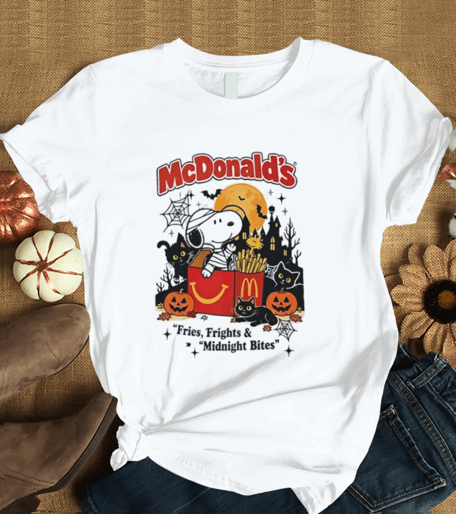 Snoopy McDonald's Halloween Fires Frights Midnight Bites Pumpkin Black Cat Moon T-Shirt