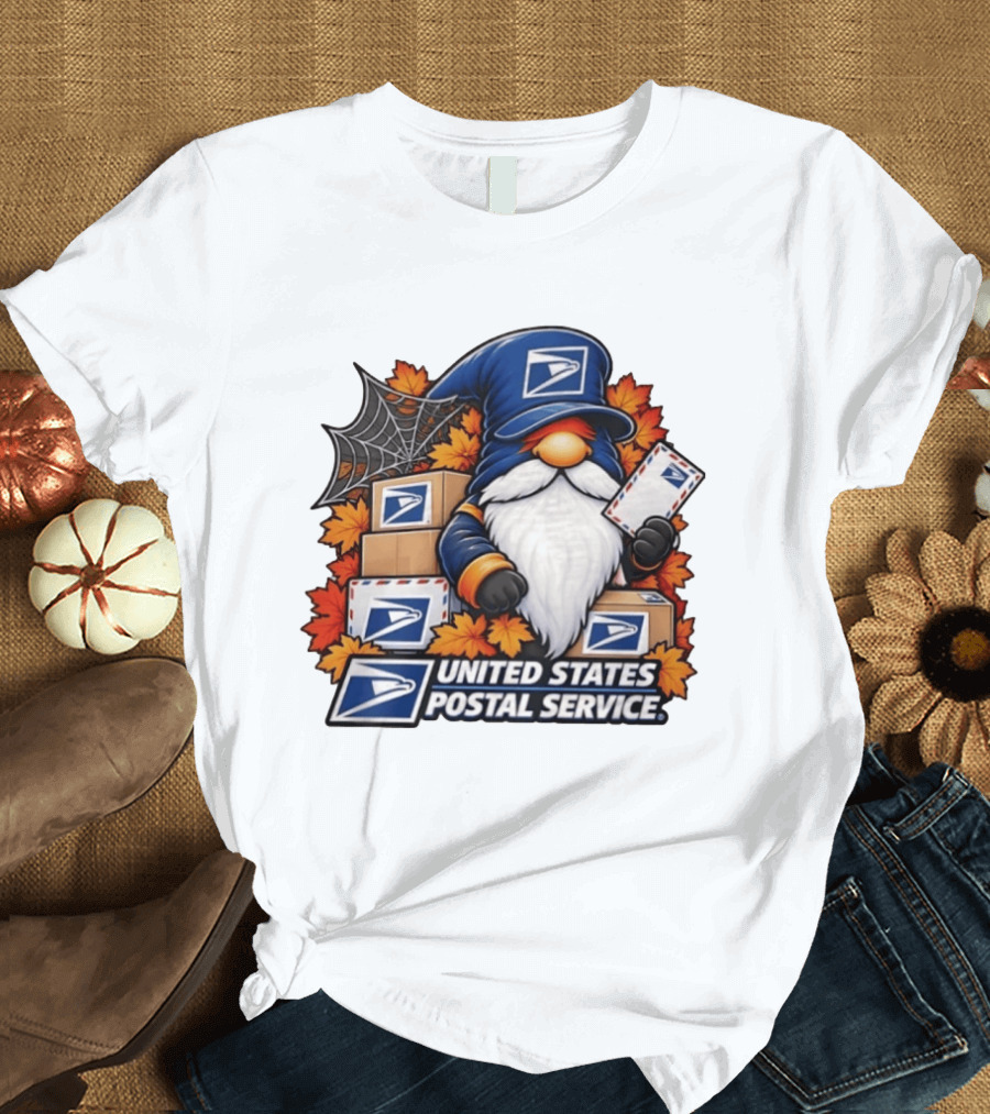 United States Postal Service Halloween Gnome With Mail And Fall Leaves T-Shirt
