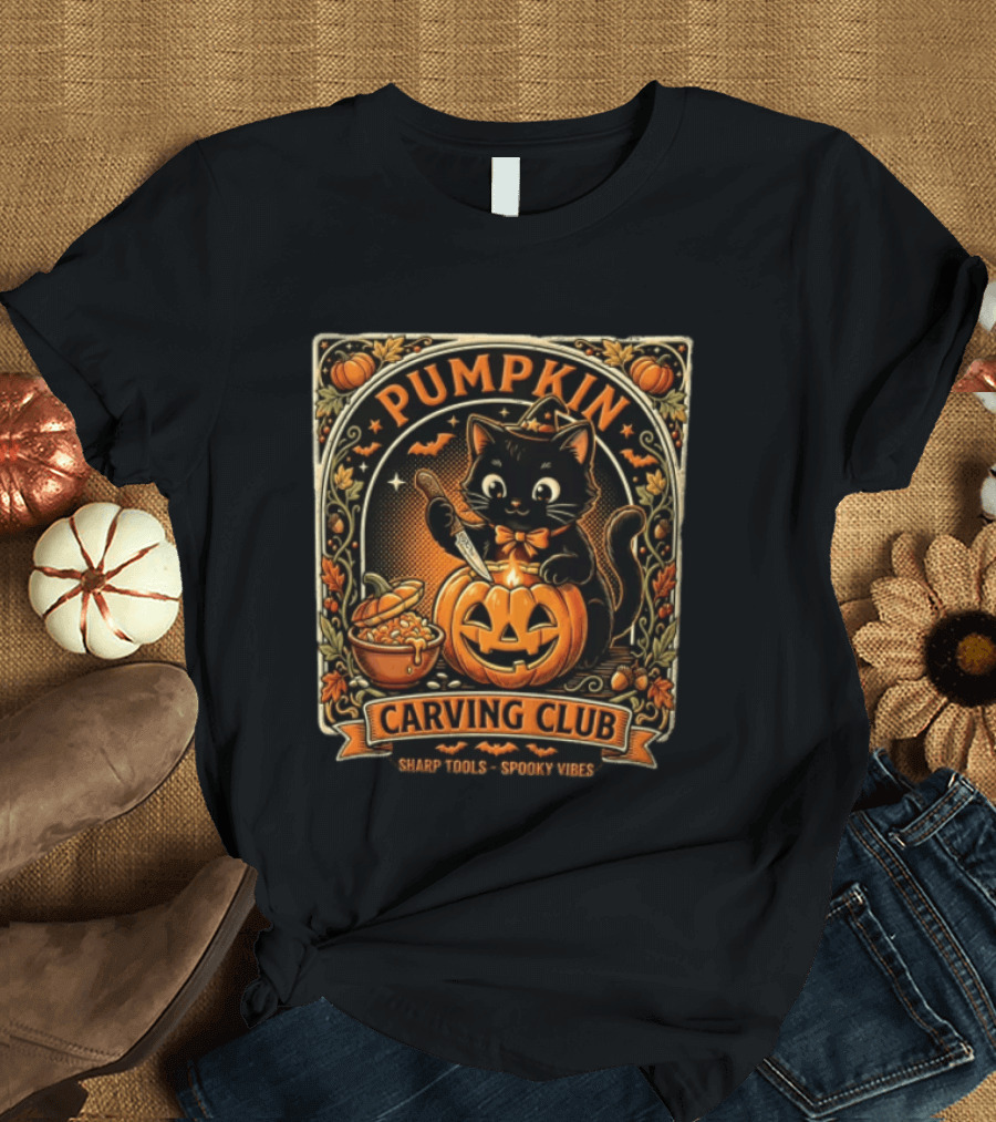 Pumpkin Carving Club Black Cat Sharp Tools Spooky Vibes T-Shirt