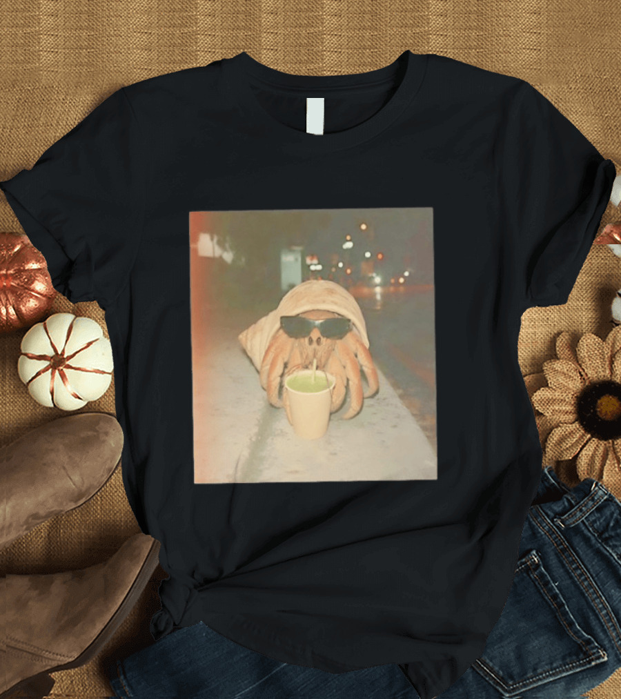 Hermit Crab Sunglasses Drinking Iced Beverage At Night T-Shirt